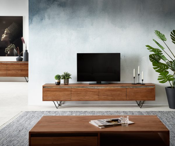 TV stolek Stonegrace 220 cm akácie hnědá nepravidelná hrana 4 dvířka podnož ve tvaru "V" černá - Image 2