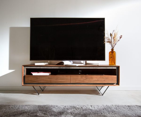 TV stolek Stonegrace 145 cm akácie hnědá kamenina 2 zásuvky 1 přihrádka podnož ve tvaru "V" černá - Image 2