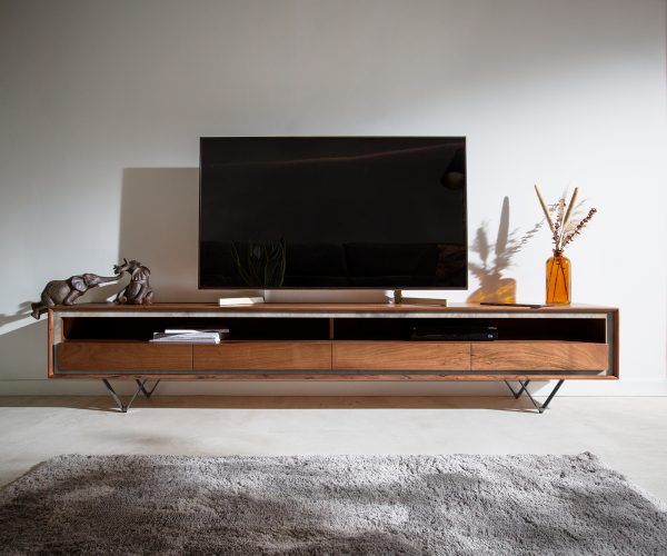 TV stolek Stonegrace 240 cm akácie hnědá kamenina 4 zásuvky 1 přihrádka podnož ve tvaru "V" černá - Image 2