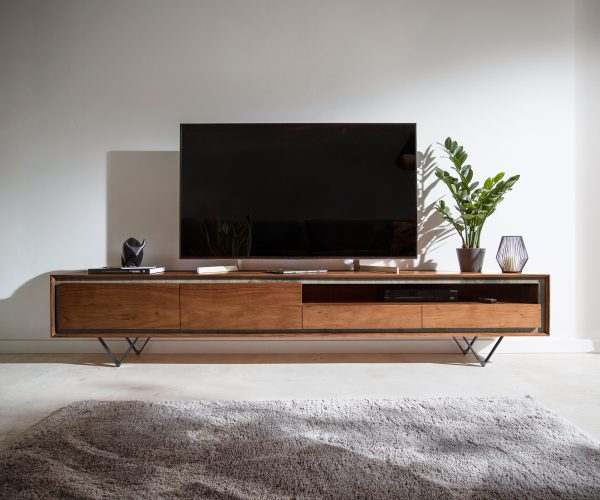 TV stolek Stonegrace 240 cm akácie hnědá kamenina 2 dvířka 2 zásuvky 1 přihrádka podnož ve tvaru "V" černá - Image 2