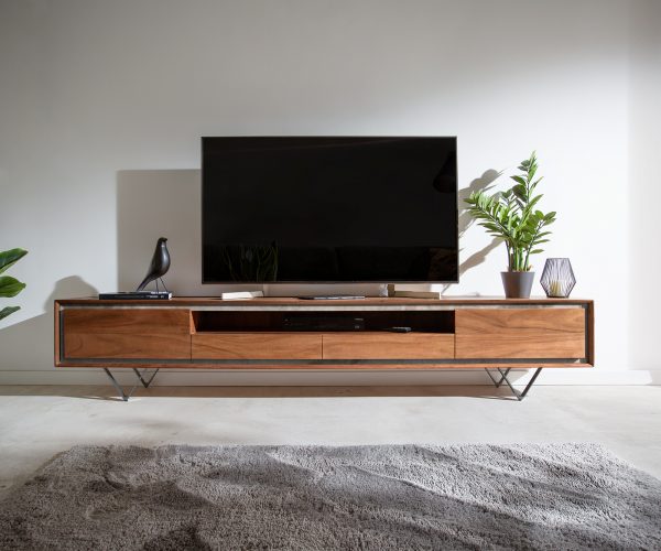 TV stolek Stonegrace 240 cm akácie hnědá 2 dvířka 2 zásuvky 1 přihrádka kamenina podnož ve tvaru "V" černá - Image 2