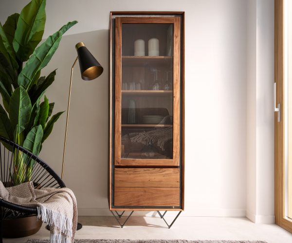 Skříň Stonegrace 55x180 cm akácie hnědá kámendřevo 1 dvířka 2 zásuvky podnož ve tvaru "V" černá - Image 2