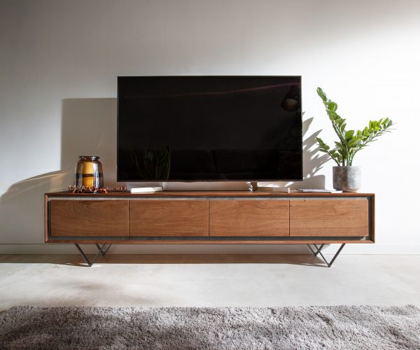 TV stolek Stonegrace 200 cm akácie hnědá kamenina 4 dvířka podnož ve tvaru "V" černá - Image 2