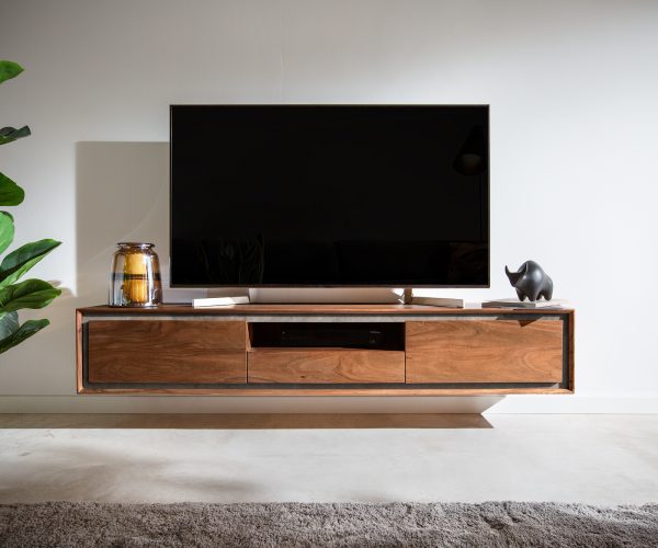 TV stolek Stonegrace 175 cm akácie hnědá kamenina 2 dvířka 1 zásuvka 1 přihrádka závěsné - Image 2