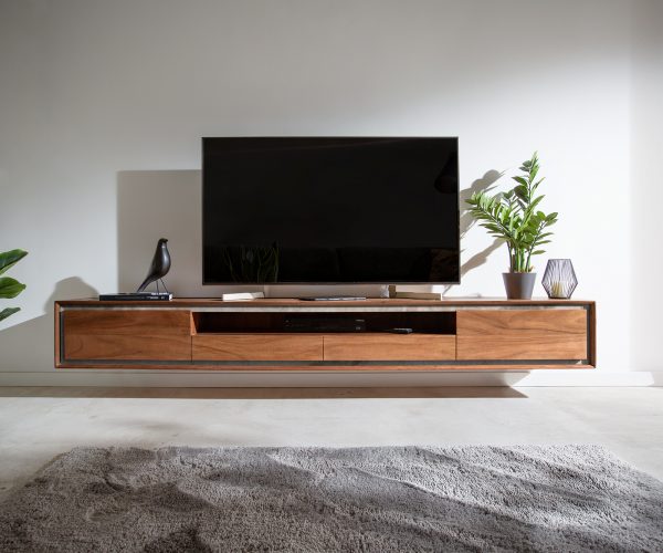 TV stolek Stonegrace 240 cm akácie hnědá 2 dvířka 2 zásuvky 1 přihrádka kamenina závěsné - Image 2