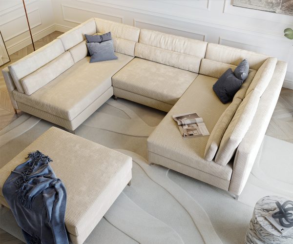 Pohovka ve tvaru "U" Elio 300x185 cm manšestr béžová s taburetem - Image 5