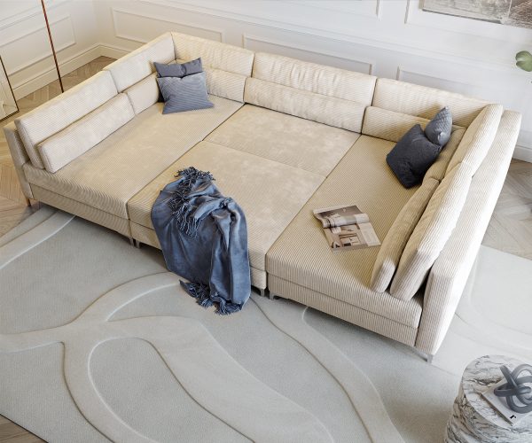 Pohovka ve tvaru "U" Elio 300x185 cm manšestr béžová s taburetem - Image 6