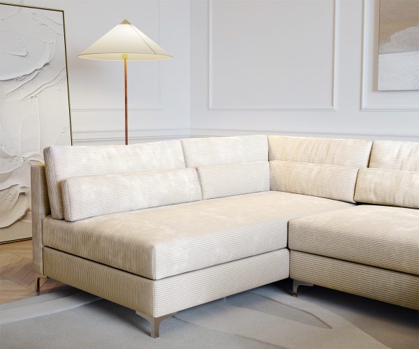 Pohovka ve tvaru "U" Elio 300x185 cm manšestr béžová s taburetem - Image 7