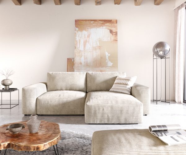 Rohová pohovka Lanzo D 260x160 cm manšestr béžová variabilní lenoška s taburetem - Image 2
