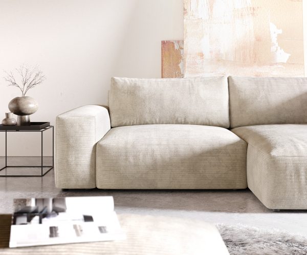 Rohová pohovka Lanzo XL 280x175 cm béžová manšestr variabilní lenoška s taburetem - Image 5