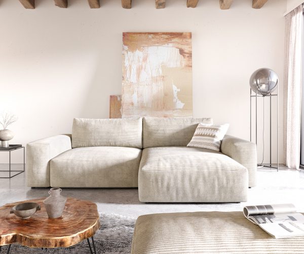 Rohová pohovka Lanzo XL 280x175 cm béžová manšestr variabilní lenoška s taburetem - Image 2