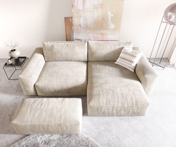Rohová pohovka Lanzo XL 280x175 cm béžová manšestr variabilní lenoška s taburetem - Image 4