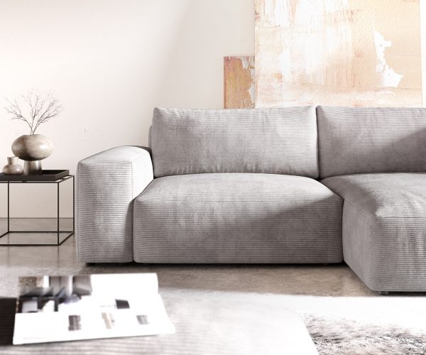 Rohová pohovka Lanzo XL 280x175 cm manšestr stříbrnošedá variabilní lenoška s taburetem - Image 5