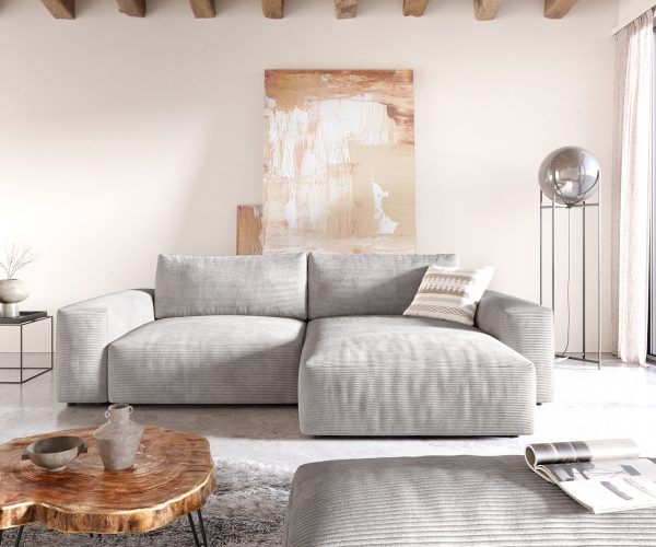 Rohová pohovka Lanzo XL 280x175 cm manšestr stříbrnošedá variabilní lenoška s taburetem - Image 2