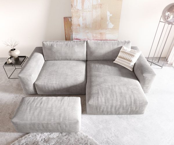 Rohová pohovka Lanzo XL 280x175 cm manšestr stříbrnošedá variabilní lenoška s taburetem - Image 4