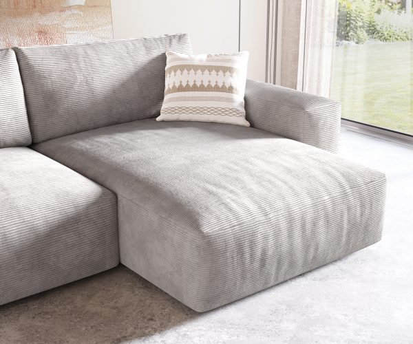 Rohová pohovka Lanzo XL 280x175 cm manšestr stříbrnošedá variabilní lenoška s taburetem - Image 6