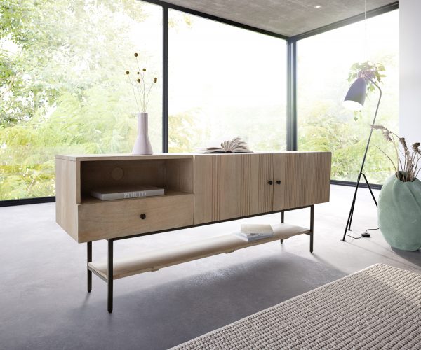 TV stolek Nessa 160x40 cm mango bílá 1 zásuvka 2 dvířka černý kov - Image 2