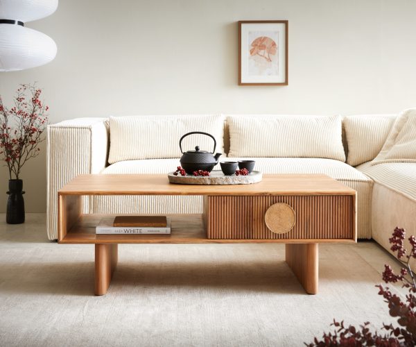 Konferenční stolek Surimu 115x60x35 cm akácie světle hnědá 2 zásuvky korkové úchyty dřevěná podnož - Image 2