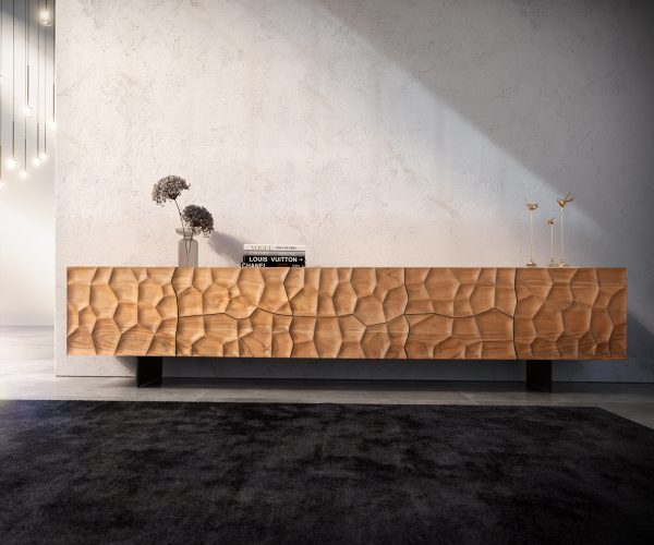 TV stolek Solu 260 cm přírodní akácie 2 dvířka 6 zásuvek 3D - Image 2