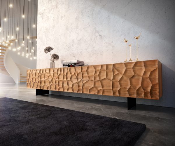 TV stolek Solu 260 cm přírodní akácie 2 dvířka 6 zásuvek 3D