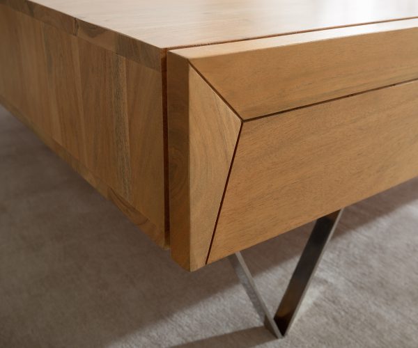 Konferenční stolek Kayu 60x60x20 cm přírodní akácie 2 zásuvky podnož ve tvaru "V" nerezová ocel - Image 6