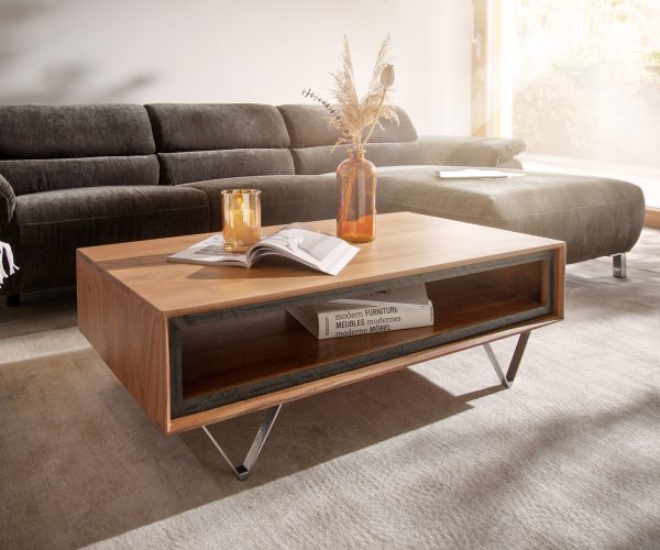 Konferenční stolek Stonegrace 115x60x40 cm přírodní akácie 1 přihrádka kamenná dýha