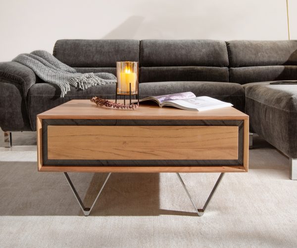 Konferenční stolek Stonegrace 80x60x40 cm přírodní akácie 2 zásuvky kamenná dýha - Image 2