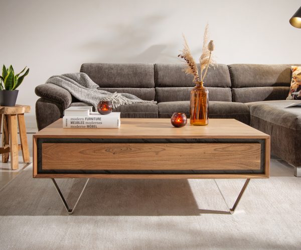 Konferenční stolek Stonegrace 115x60x40 cm přírodní akácie 2 zásuvky kamenná dýha - Image 2