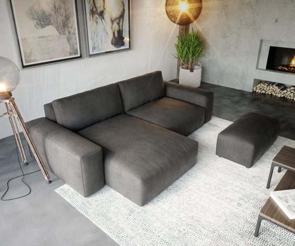 Rohová pohovka Lanzo XL 280x175 cm koženka antracitová vintage variabilní lenoška s taburetem - Image 4