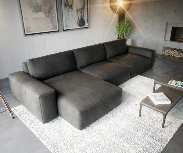 Rohová pohovka Lanzo XL 380x175 cm koženka antracitová vintage variabilní lenoška - Image 4