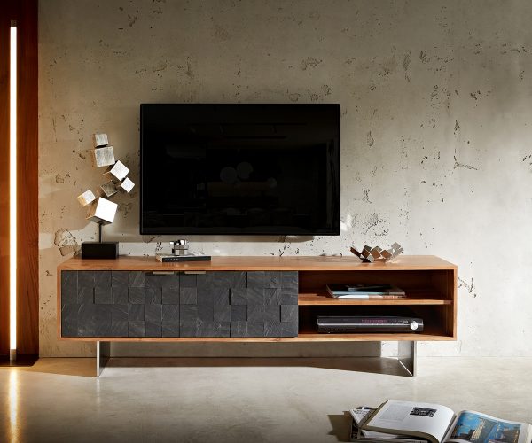 TV stolek Teele 160 cm přírodní akácie břidlice 2 dvířka podnož nerezová ocel - Image 2