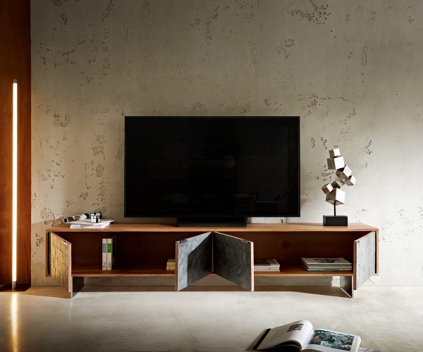 TV stolek Teele 220 cm přírodní akácie břidlice 4 dvířka podnož nerezová ocel - Image 6