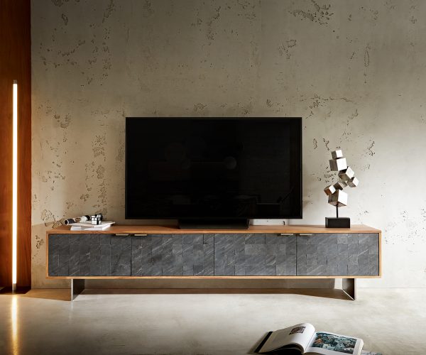 TV stolek Teele 220 cm přírodní akácie břidlice 4 dvířka podnož nerezová ocel - Image 2