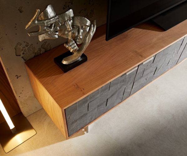 TV stolek Teele 220 cm přírodní akácie břidlice 4 dvířka podnož nerezová ocel - Image 4