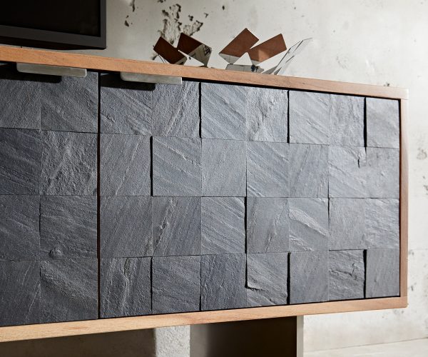 TV stolek Teele 220 cm přírodní akácie břidlice 4 dvířka podnož nerezová ocel - Image 5
