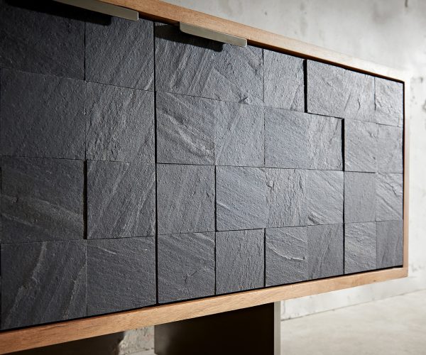TV stolek Teele 240 cm přírodní akácie břidlice 4 dvířka podnož nerezová ocel - Image 5