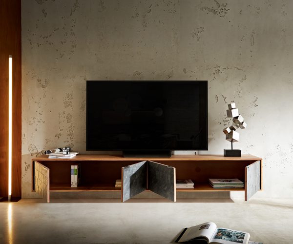 TV stolek Teele 220 cm přírodní akácie břidlice 4 dvířka závěsné - Image 6