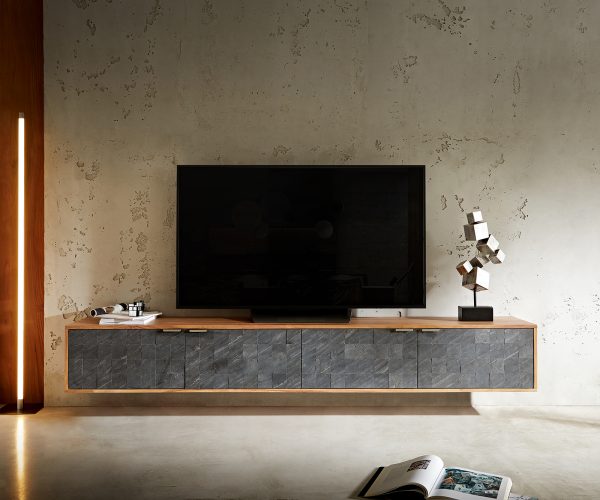 TV stolek Teele 220 cm přírodní akácie břidlice 4 dvířka závěsné - Image 2