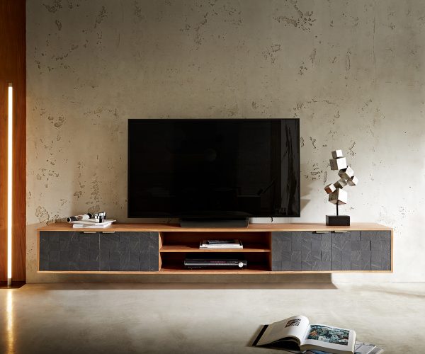 TV stolek Teele 240 cm přírodní akácie břidlice 4 dvířka závěsné - Image 2
