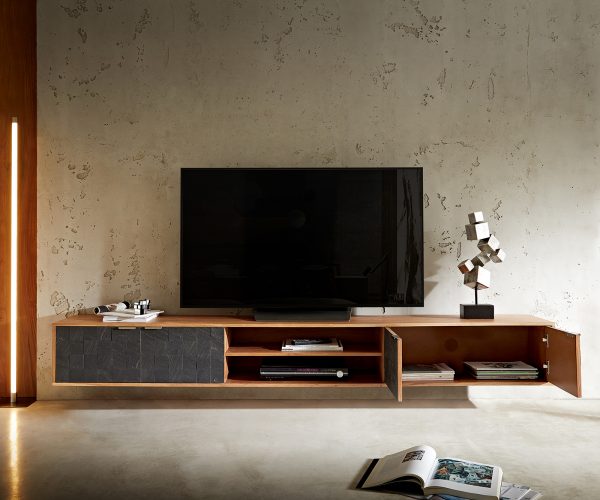 TV stolek Teele 240 cm přírodní akácie břidlice 4 dvířka závěsné - Image 6
