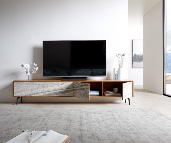 TV stolek Kleo 220 cm přírodní akácie 4 dvířka šikmá podnož černý kov - Image 4