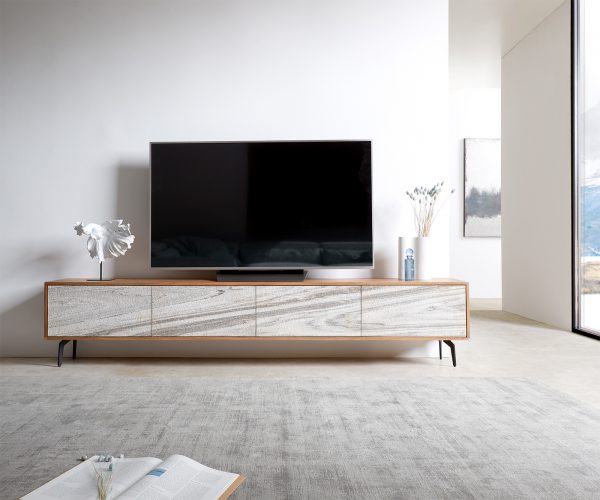 TV stolek Kleo 220 cm přírodní akácie 4 dvířka šikmá podnož černý kov - Image 2