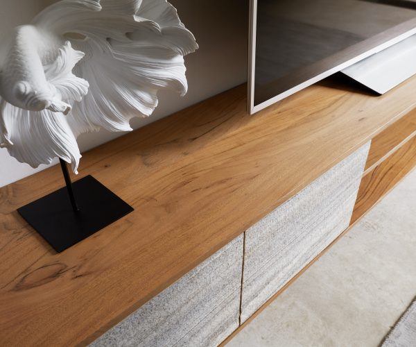 TV stolek Kleo 220 cm přírodní akácie 4 dvířka šikmá podnož černý kov - Image 6