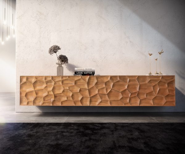 TV stolek Solu 220 cm přírodní akácie 2 dvířka 4 zásuvky 3D - Image 2