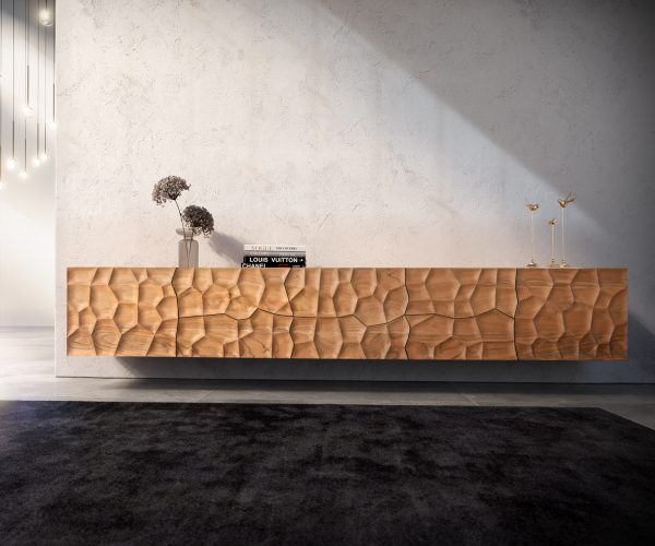 TV stolek Solu 260 cm přírodní akácie 2 dvířka 6 zásuvek 3D - Image 2