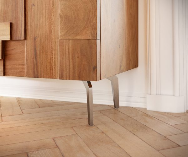 TV stolek Puzzle 220 cm přírodní akácie 4 dvířka šikmá podnož nerezová ocel - Image 6