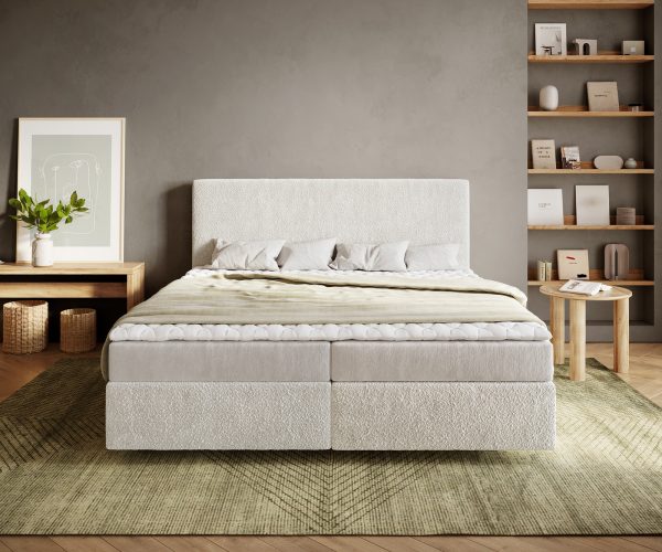 Boxspring postel Dream-Well bouclé krémovo-bílá 180x200 cm s taštičkovou pružinovou matrací a visco topperem - Image 2