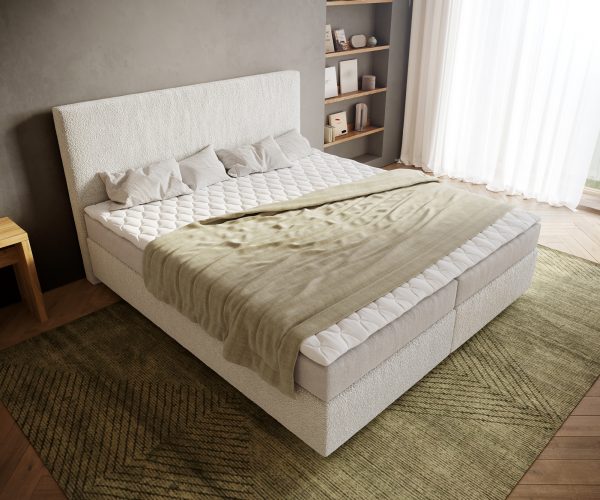 Boxspring postel Dream-Well bouclé krémovo-bílá 180x200 cm s taštičkovou pružinovou matrací a visco topperem - Image 4