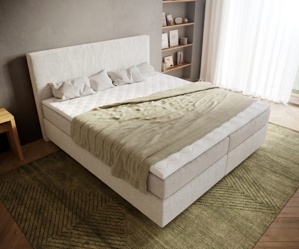 Boxspring postel Dream-Well bouclé krémovo-bílá 180x200 cm s taštičkovou pružinovou matrací a visco topperem - Image 4