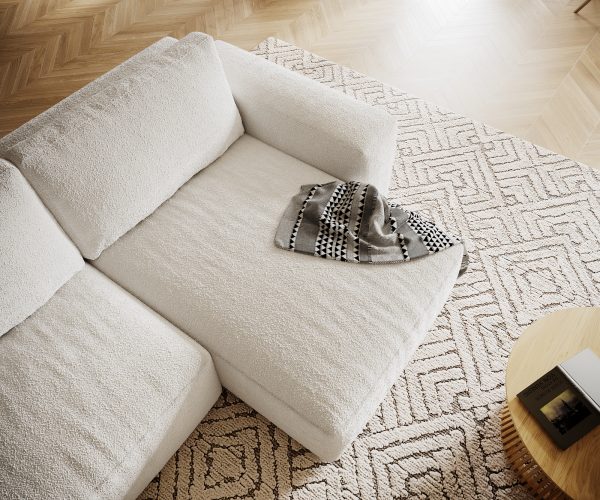 Rohová pohovka Lanzo XL 280x175 cm bouclé krémovo-bílá variabilní lenoška - Image 4